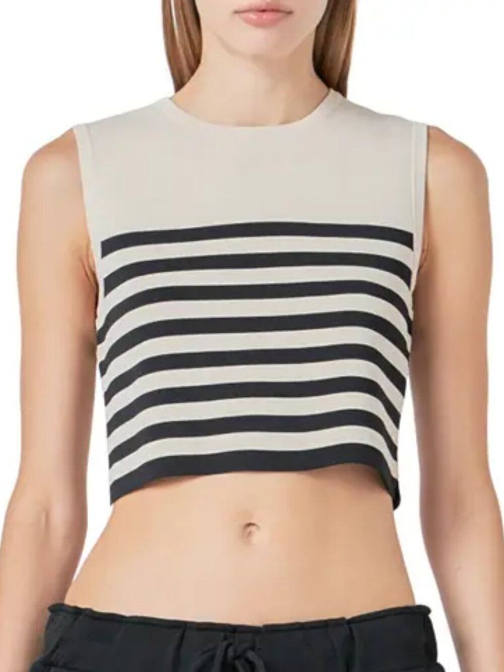 Grey Lab Striped Crop Knit Tank Top Crewneck Sleeveless Beige Black Size XS